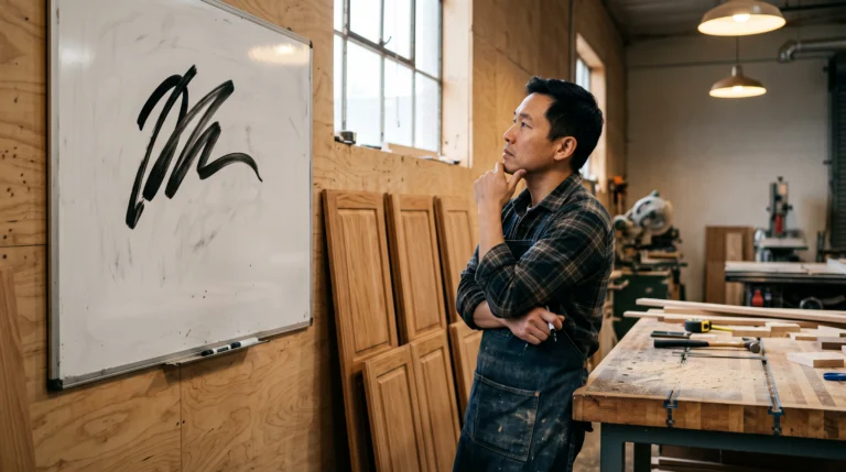 A custom cabinetry shop owner in his workshop looking at a whiteboard with a single number on it, finished cabinet doors and sawdust behind him