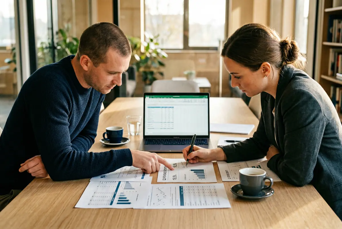Two fractional CFO partners reviewing financial strategy together at a McKinney office