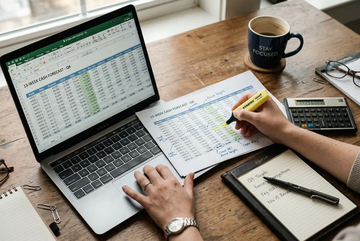 Business owner reviewing a cash flow forecast with a Fractional CFO during a planning session